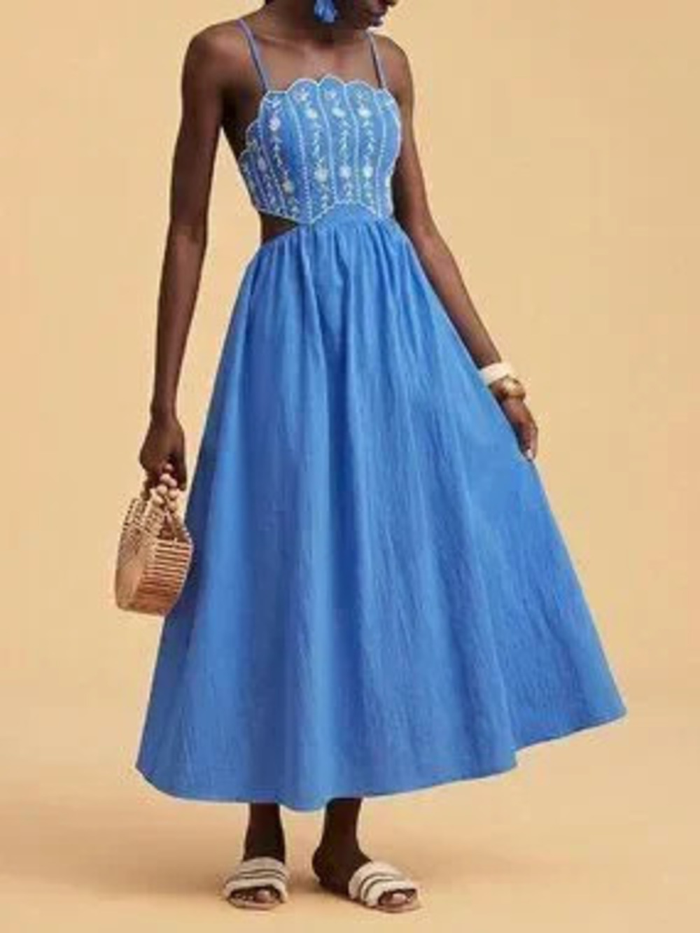 Royal Blue Boho Women's Floral Embroidered Elegant Backless Camisole Dress